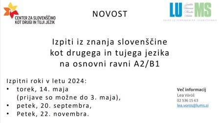 Obvestilo o izpitih iz slovenskega jezika na osnovni ravni v Murski Soboti